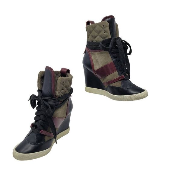 Chloe Tricolor Leather Quilted Suede Wedge Sneaker Hidden Heel34 Steampunk